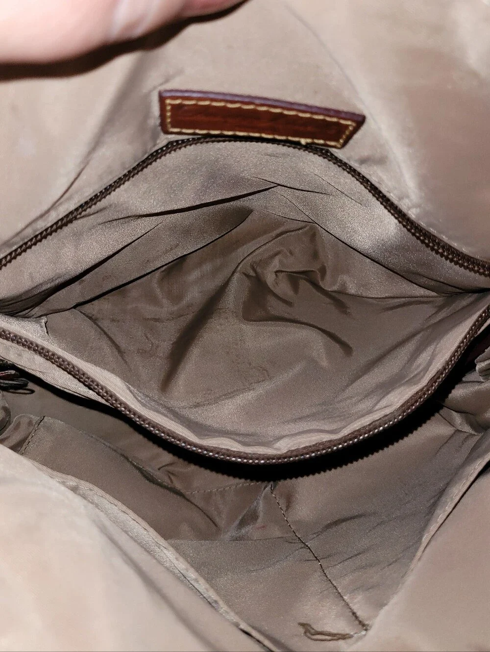 Dooney & Bourke Light Gray Nylon Backpack with Brown Leather Trim.